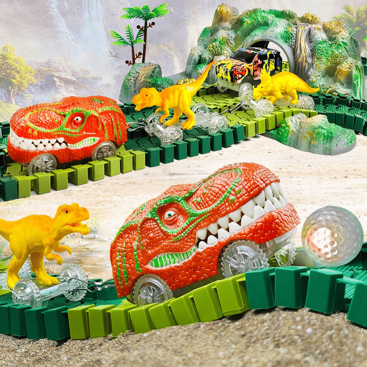 Jurassic-Track-Abenteuer-Interaktives-Dinosaurier-Zugset — Modulare Gleisstücke, schiebebetriebene Lokomotiven, ab 3 Jahren