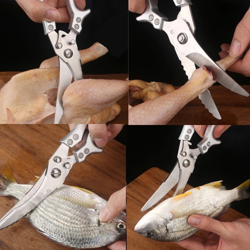 Tesoura de cozinha versátil em aço inoxidável — escamador de peixe e abridor de garrafas