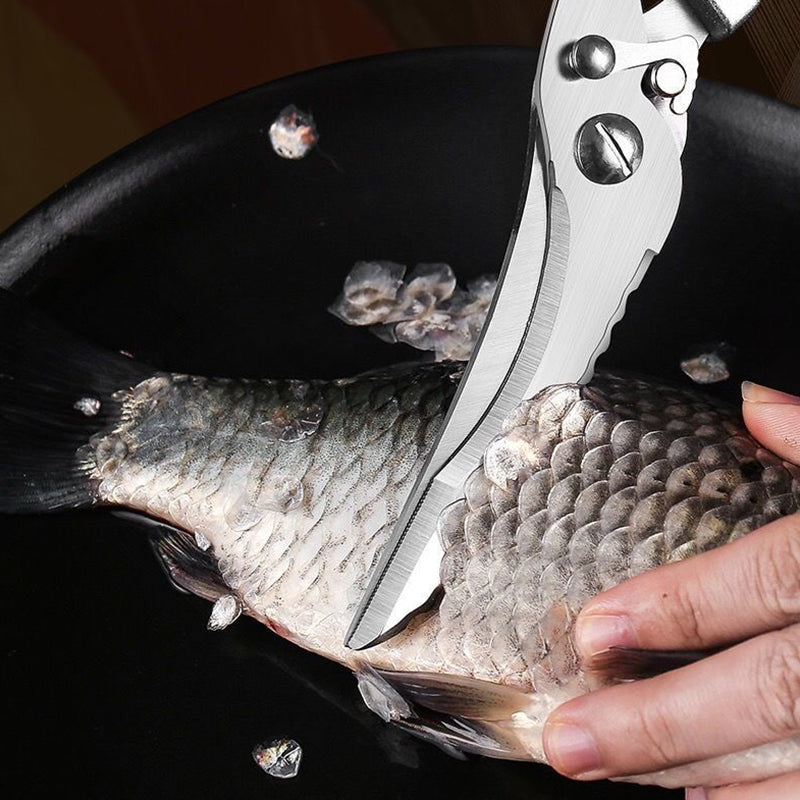 Tesoura de cozinha versátil em aço inoxidável — escamador de peixe e abridor de garrafas