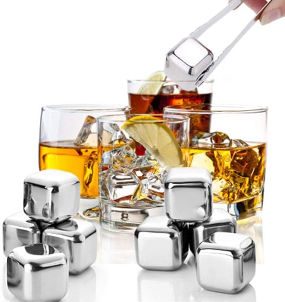 Reusable Stainless Steel Ice Cubes Set of 8 with Silicone Tongs