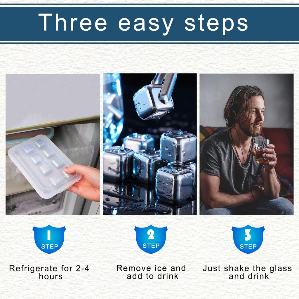 Reusable Stainless Steel Ice Cubes Set of 8 with Silicone Tongs