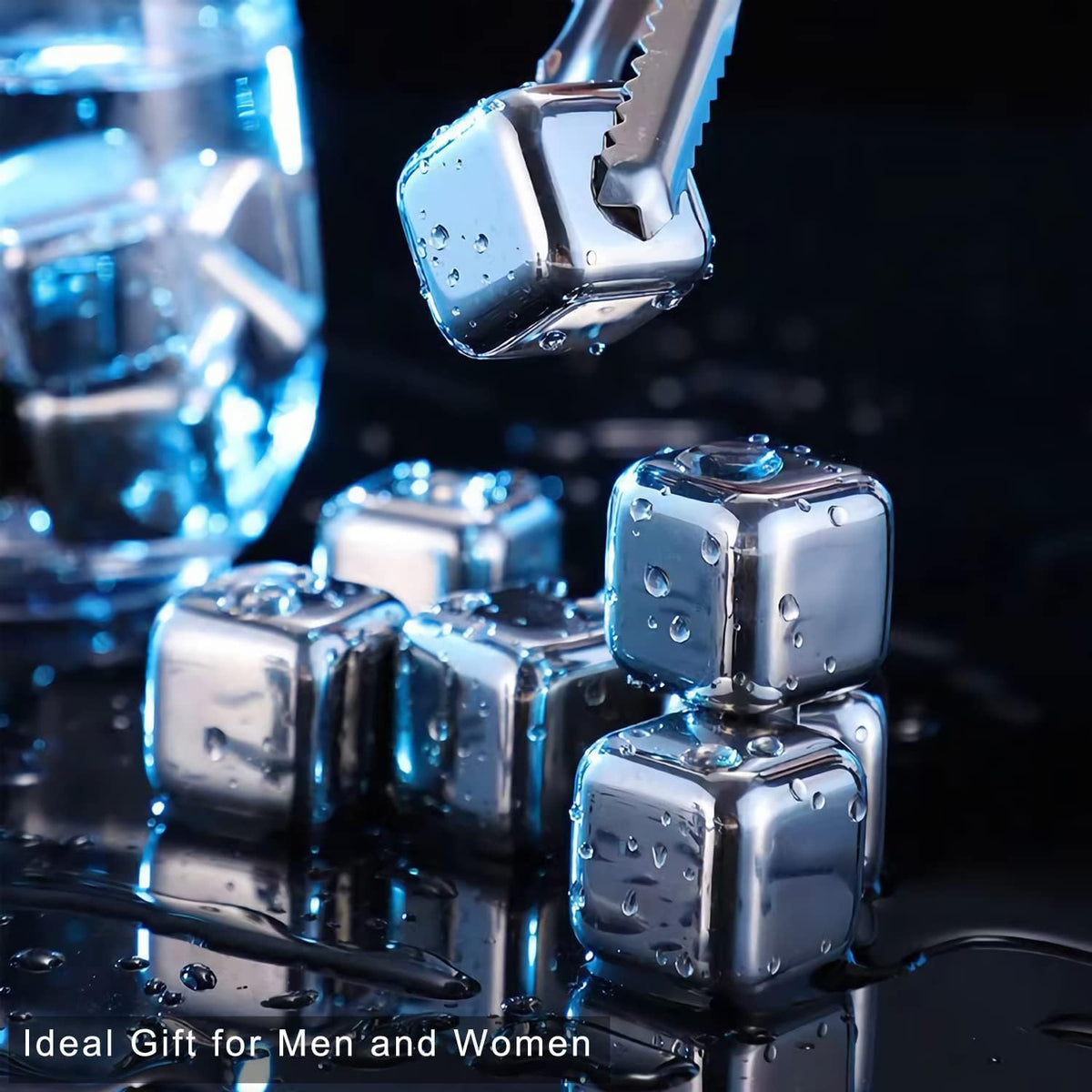 Reusable Stainless Steel Ice Cubes Set of 8 with Silicone Tongs