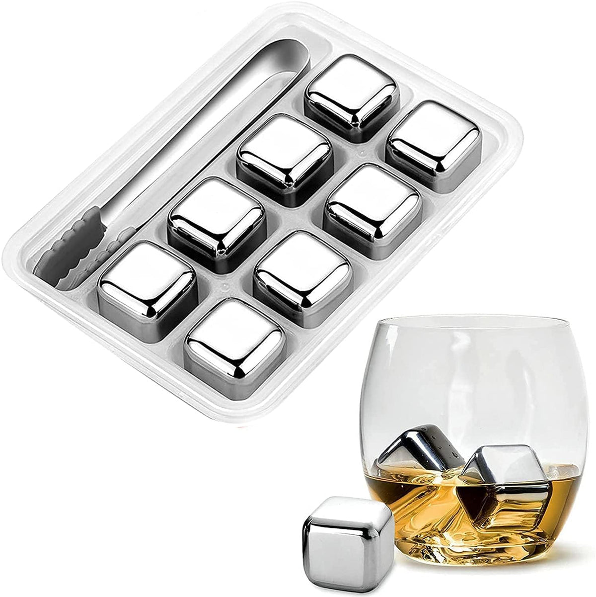 Reusable Stainless Steel Ice Cubes Set of 8 with Silicone Tongs