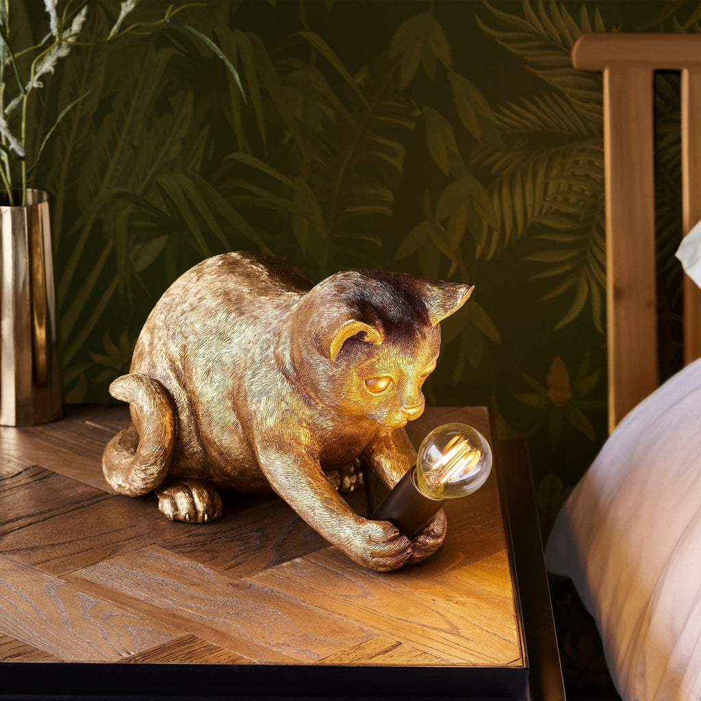 WhiskerGlow Resin Cat Table Lamp Antique Gold Matte Black