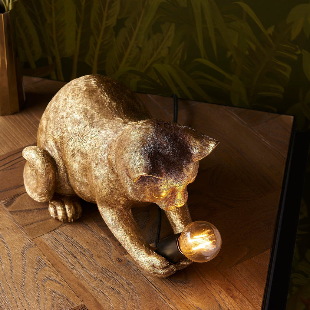 WhiskerGlow Resin Cat Table Lamp Antique Gold Matte Black