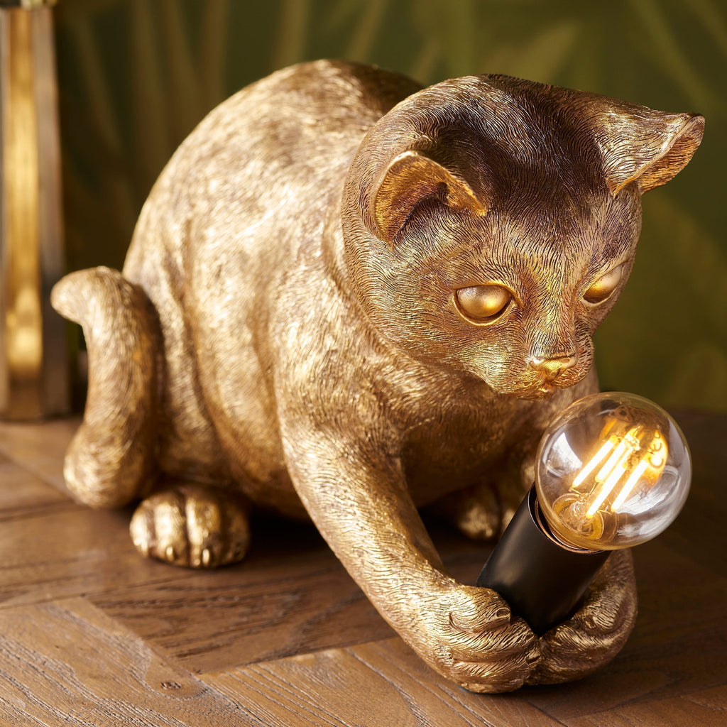 WhiskerGlow Resin Cat Table Lamp Antique Gold Matte Black