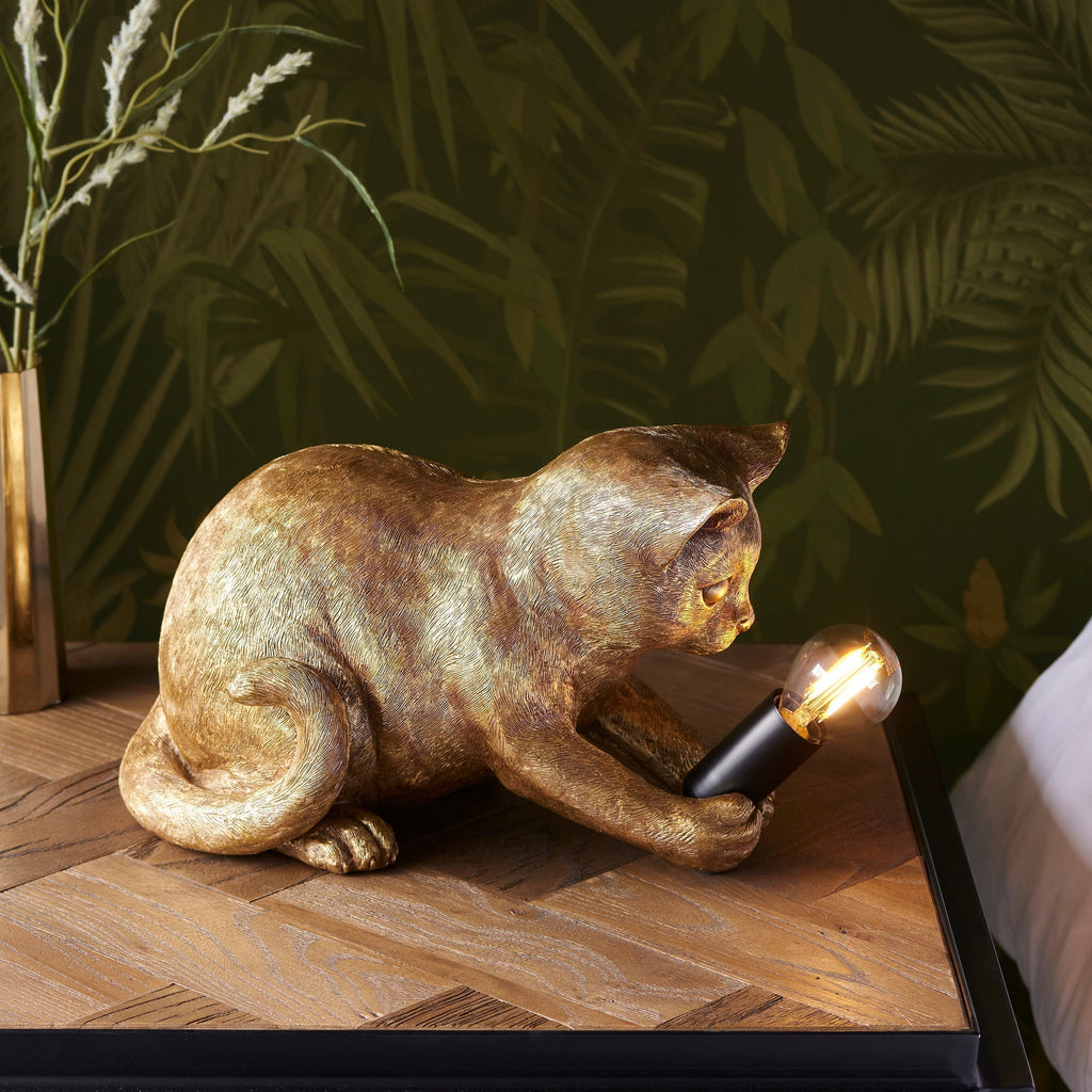 WhiskerGlow Resin Cat Table Lamp Antique Gold Matte Black