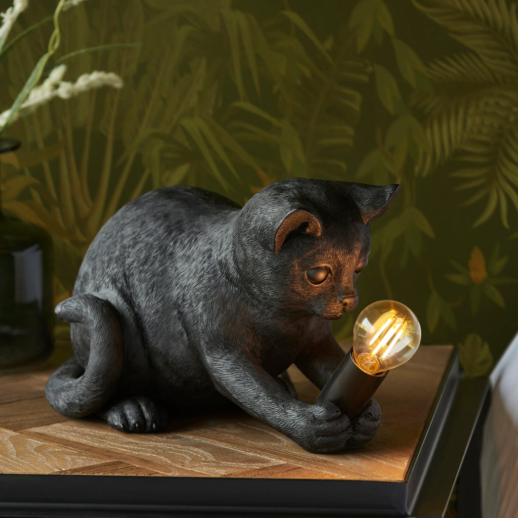 WhiskerGlow Resin Cat Table Lamp Antique Gold Matte Black