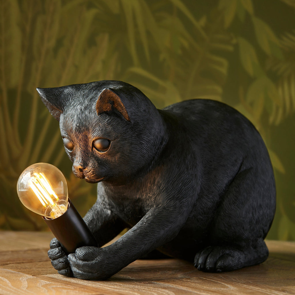 WhiskerGlow Resin Cat Table Lamp Antique Gold Matte Black