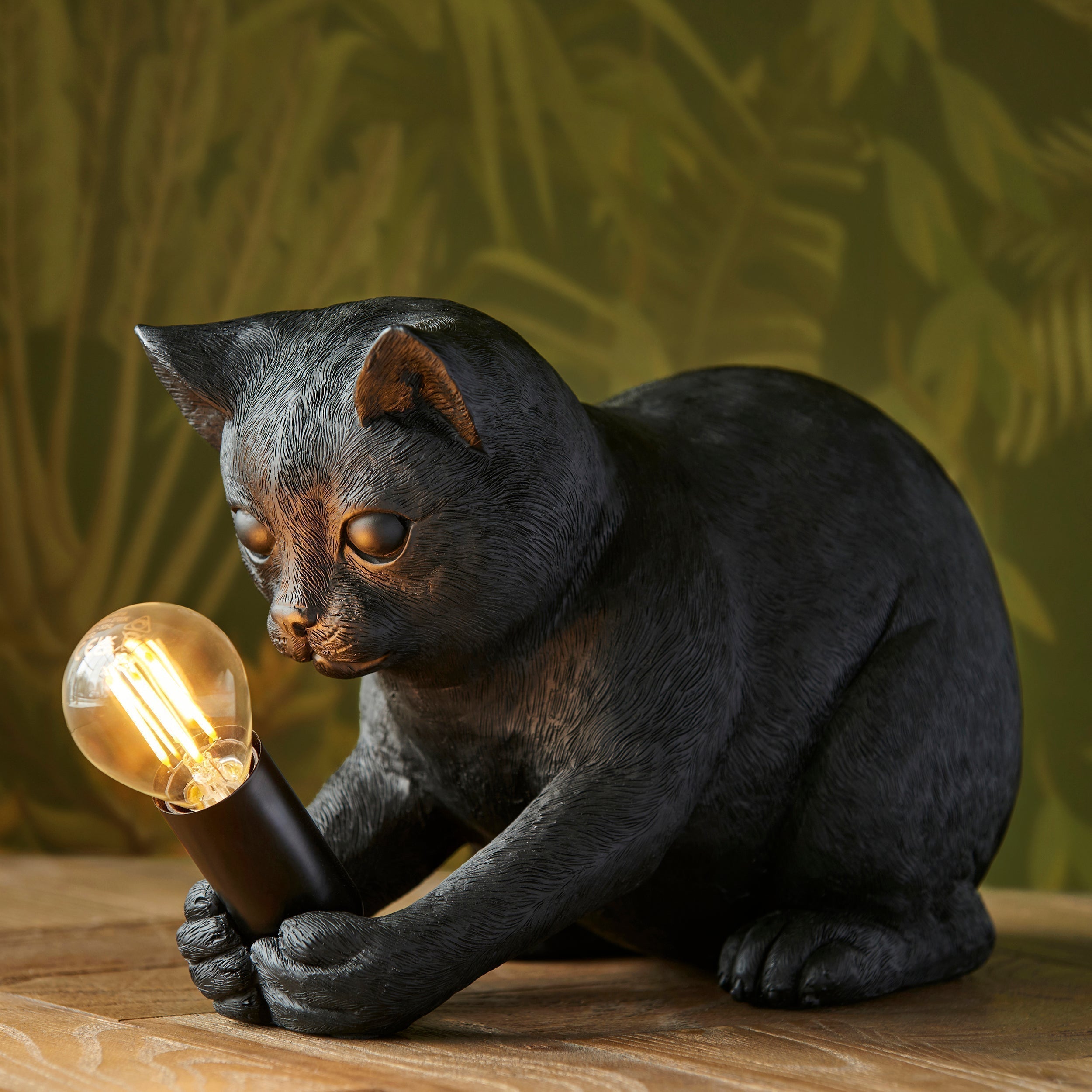 WhiskerGlow Resin Cat Table Lamp Antique Gold Matte Black