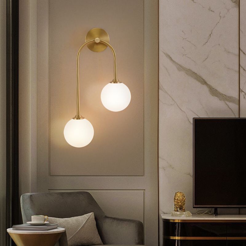 Valentina Modern Arc Globe Glass Wall Lamp, Brass, Living Room | ventumra