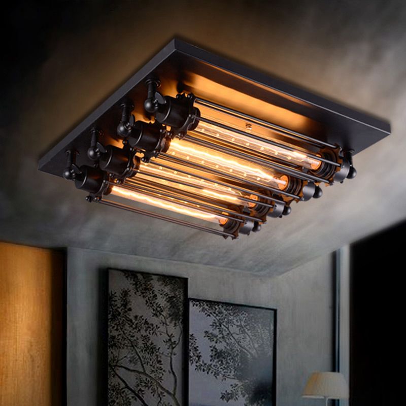 Austin Vintage Tubed Metal Flush Mount Ceiling Light, Black, Living Room | ventumra