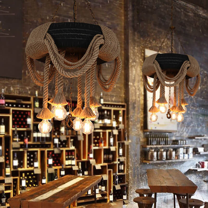 Epoch Vintage Industrial Chandelier Hemp Rope Tyre Dining Room | ventumra