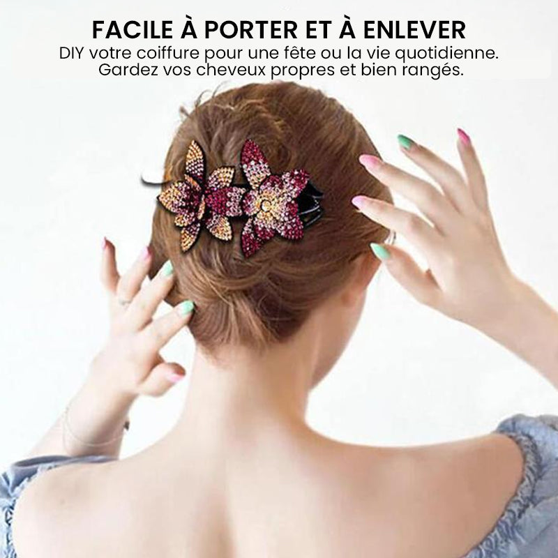 Forcina elegante GlamourClip con doppio fiore - accessorio per capelli alla moda