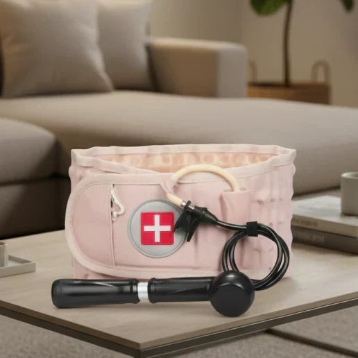 SpineRelief hjelpemiddel for spinal dekompresjon — mekanisk ryggstrekker plassert rundt midjen