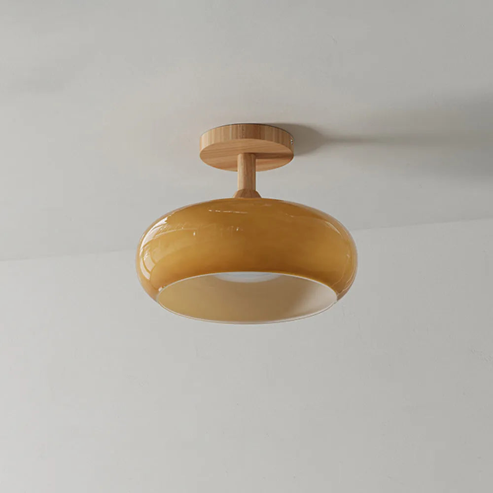 Valentina Flush Mount Ceiling Light Cup Minimalist Wood/Glass White/Orange | ventumra