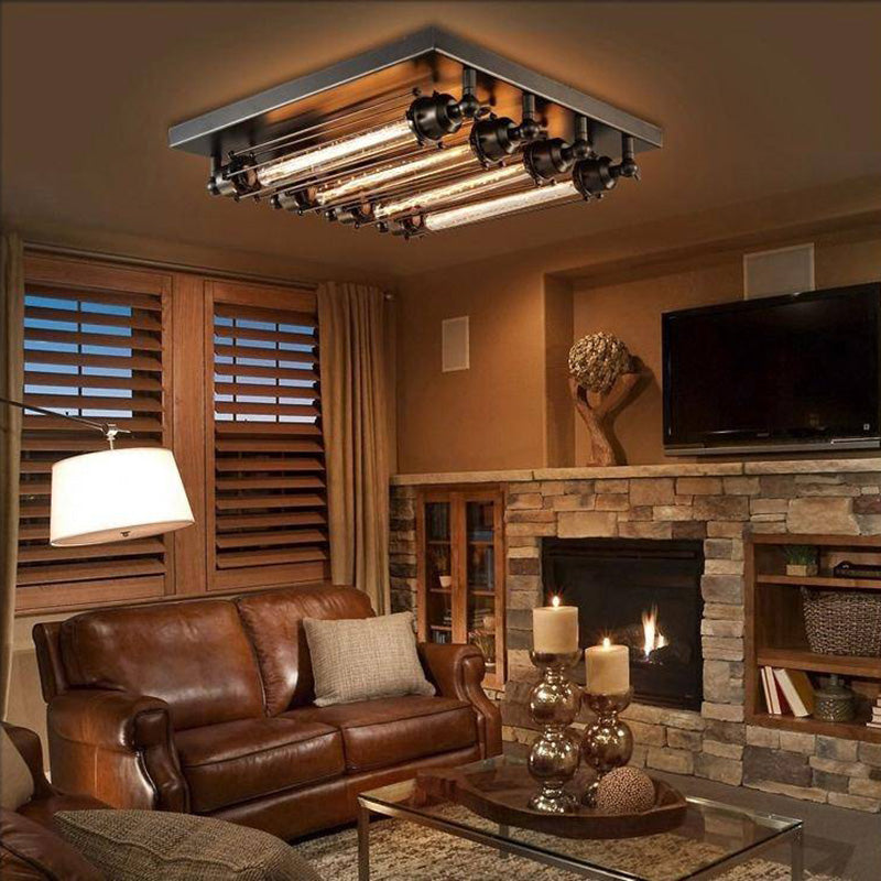 Austin Vintage Tubed Metal Flush Mount Ceiling Light, Black, Living Room | ventumra
