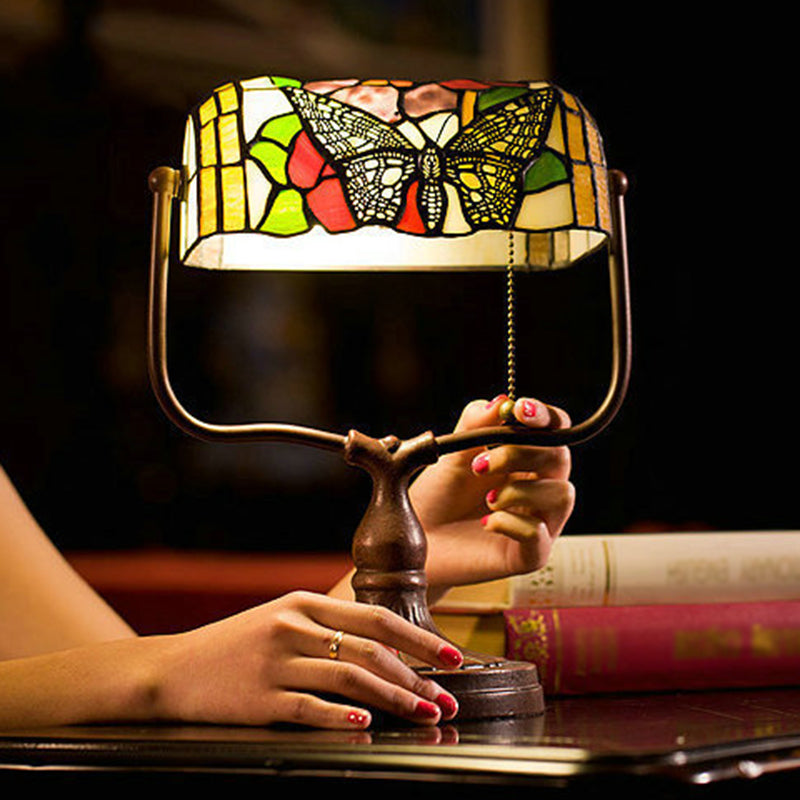 Aurelia Tiffany-Style Glass Banker Lamp With Butterfly