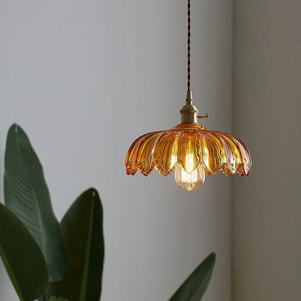Vintage Floral Glass Pendant Lamp with Copper Details