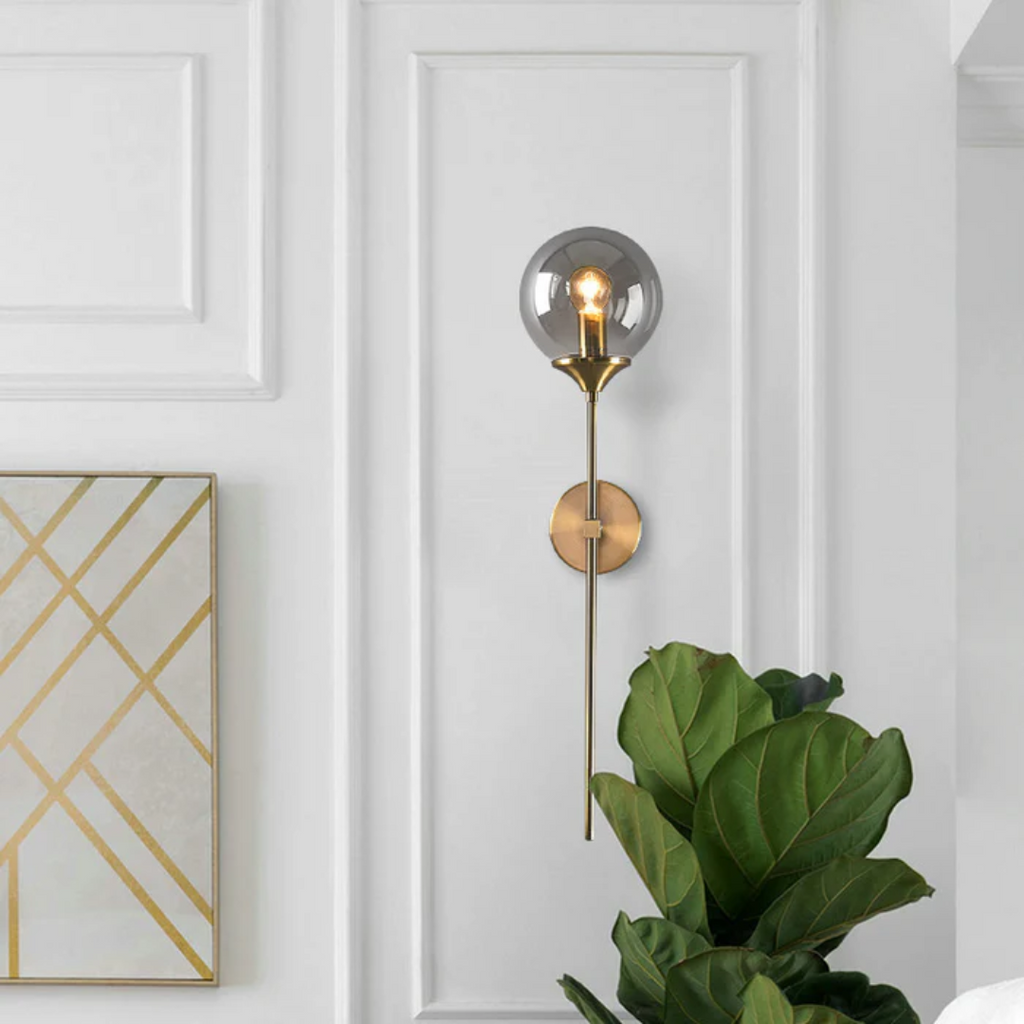 Aelora | Smoked Glass Wall Lamp With Gold Metal Frame