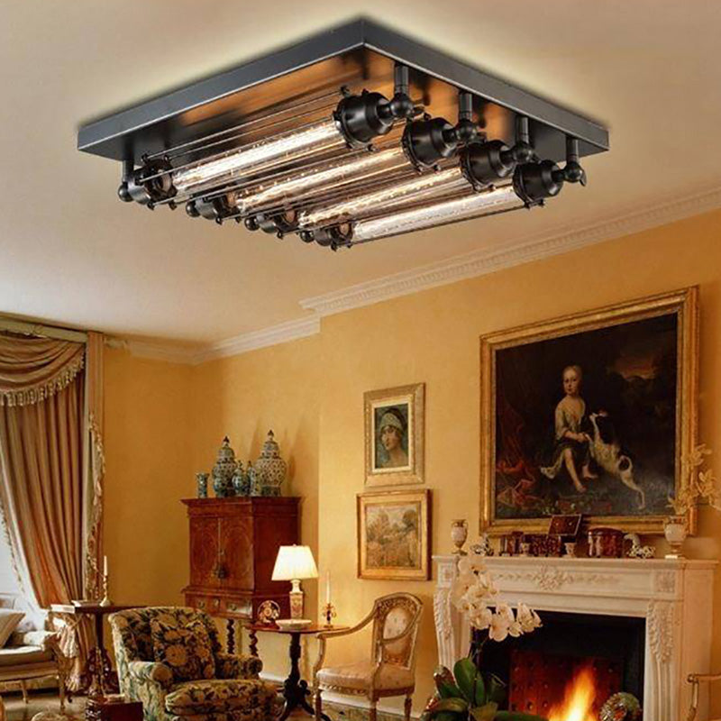 Austin Vintage Tubed Metal Flush Mount Ceiling Light, Black, Living Room | ventumra