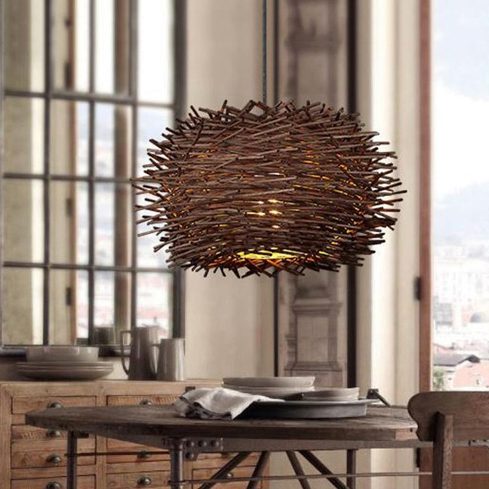 Muto Wooden Bird Nest Rattan Pendant Light, Brown/Wood | ventumra