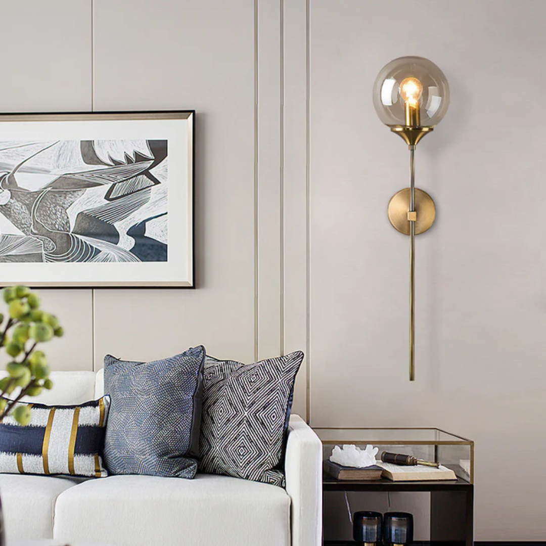 Aelora | Smoked Glass Wall Lamp With Gold Metal Frame