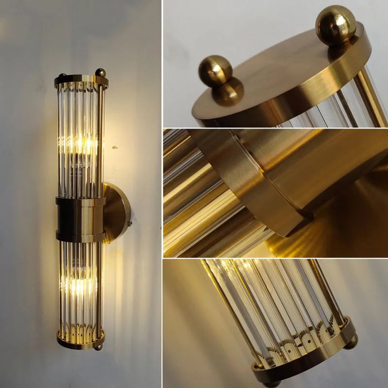 Kristy American Cylindrical Elegant Gold Glass/Metal Vanity Wall Lamp | ventumra