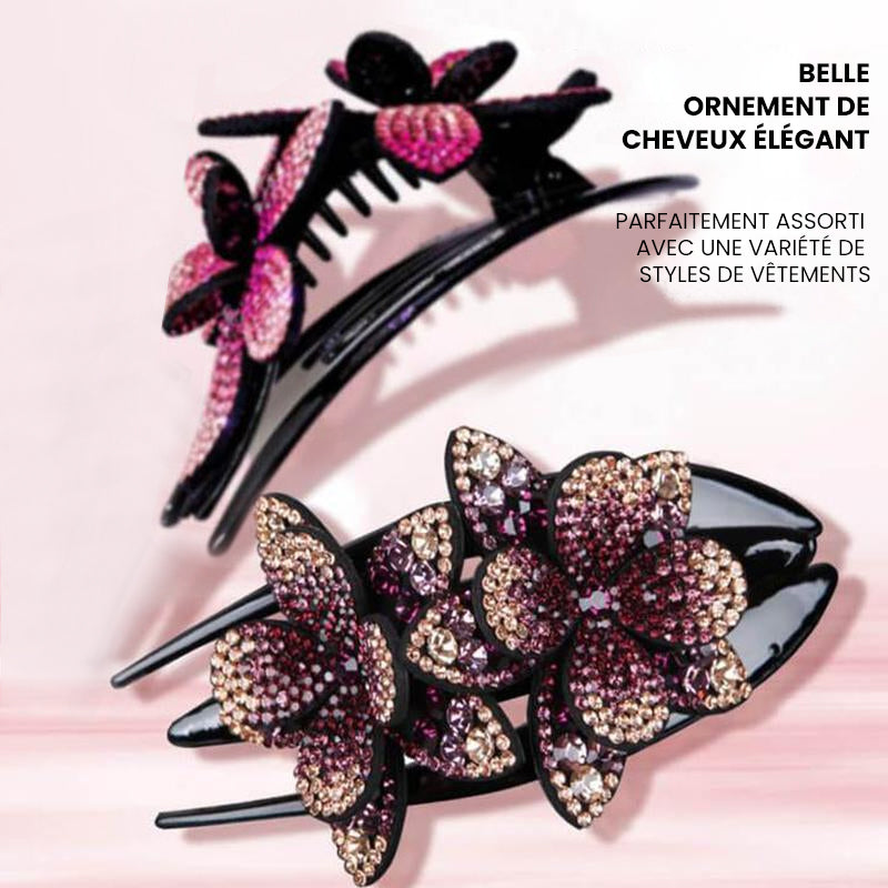 Forcina elegante GlamourClip con doppio fiore - accessorio per capelli alla moda