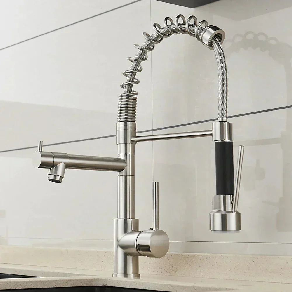 AeroFlow Modern Double Spout Kitchen Tap – Black and Gold Finish