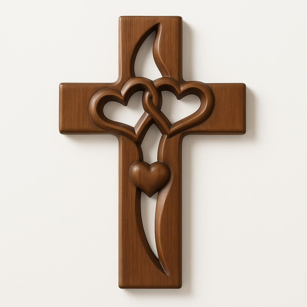 Handcrafted Wooden Cross Wall Decor — Intertwined Hearts