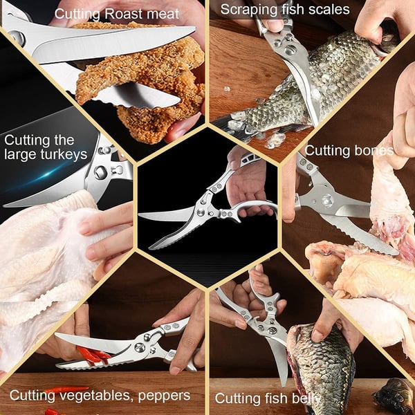 Tesoura de cozinha versátil em aço inoxidável — escamador de peixe e abridor de garrafas