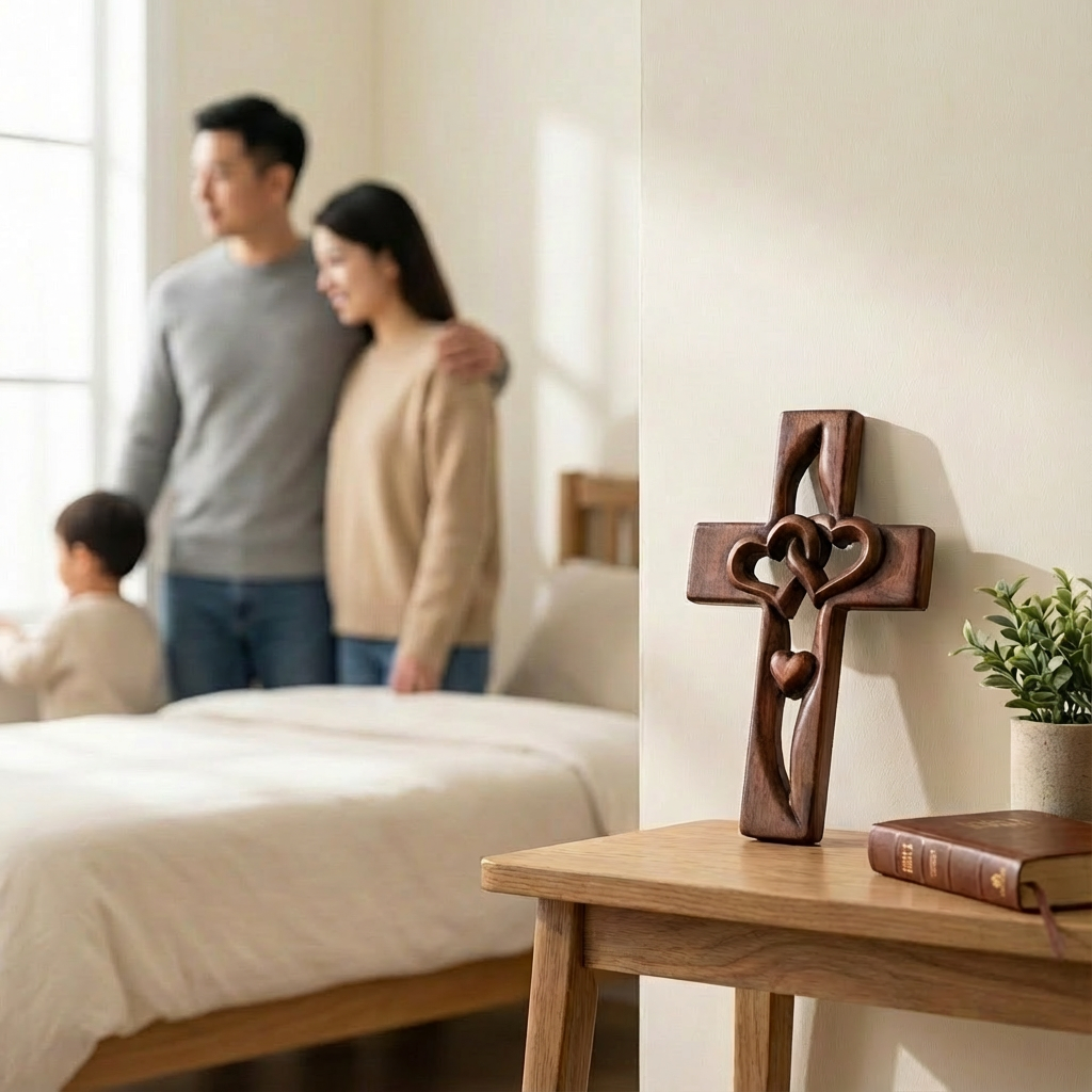 Handcrafted Wooden Cross Wall Decor — Intertwined Hearts