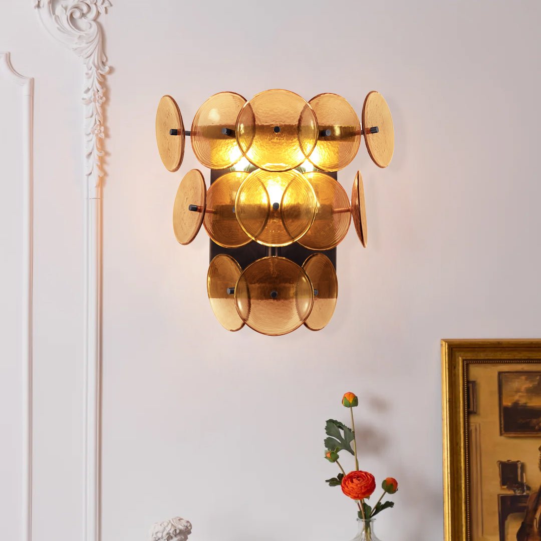 Aurora Wall Sconce Pressed Glass Disc Vintage Amber | ventumra