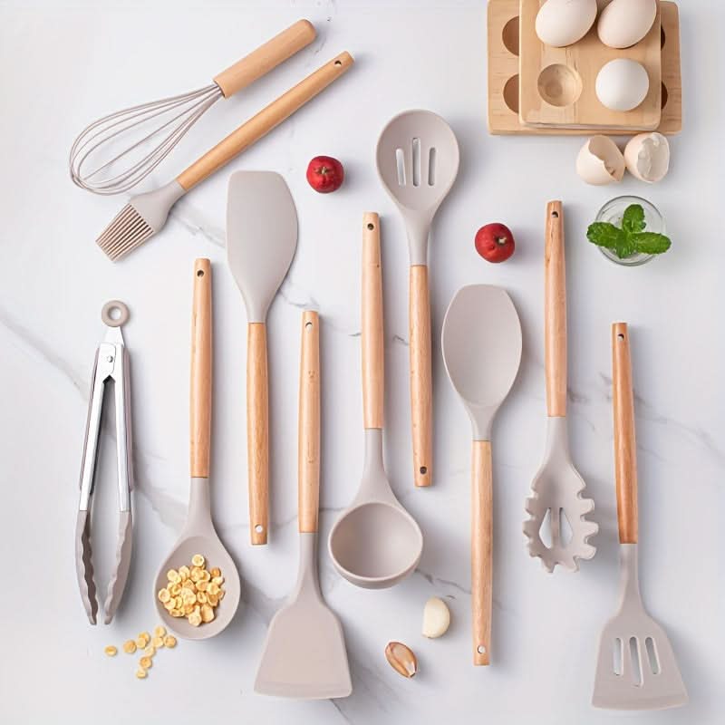 Ensemble de 12 ustensiles de cuisine en silicone — résistant à la chaleur, compatible avec les revêtements antiadhésifs