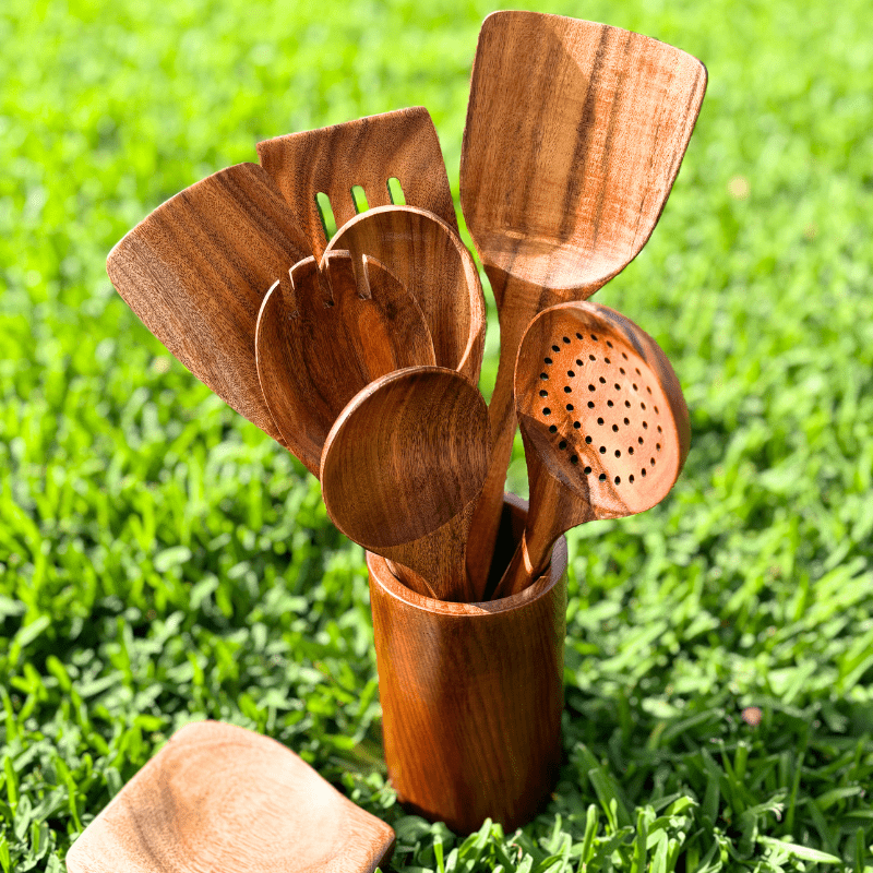 TerraWood Sustainable Wooden Utensil Set — Solvent-Free Finish, Smooth Sanded Edges