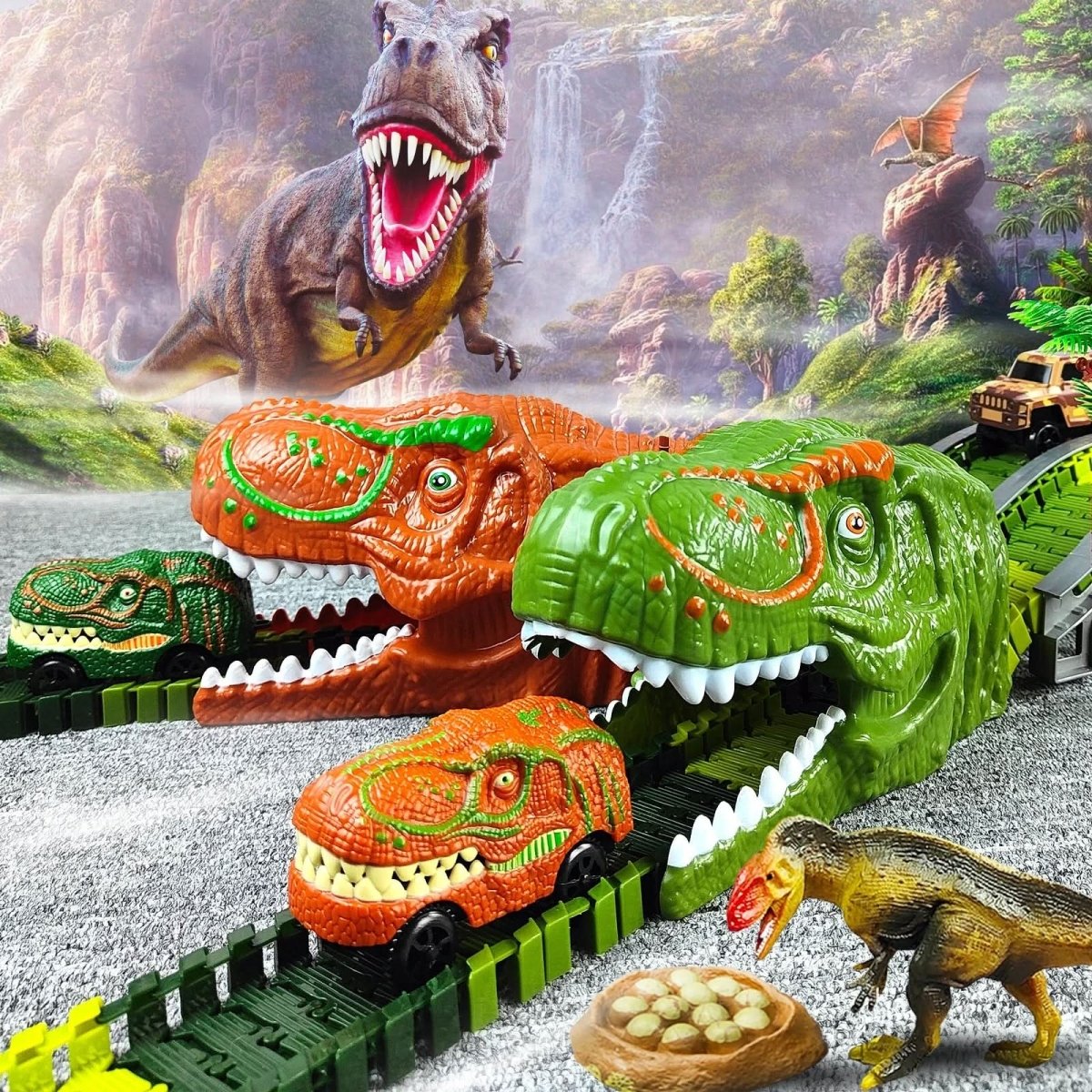 Jurassic-Track-Abenteuer-Interaktives-Dinosaurier-Zugset — Modulare Gleisstücke, schiebebetriebene Lokomotiven, ab 3 Jahren