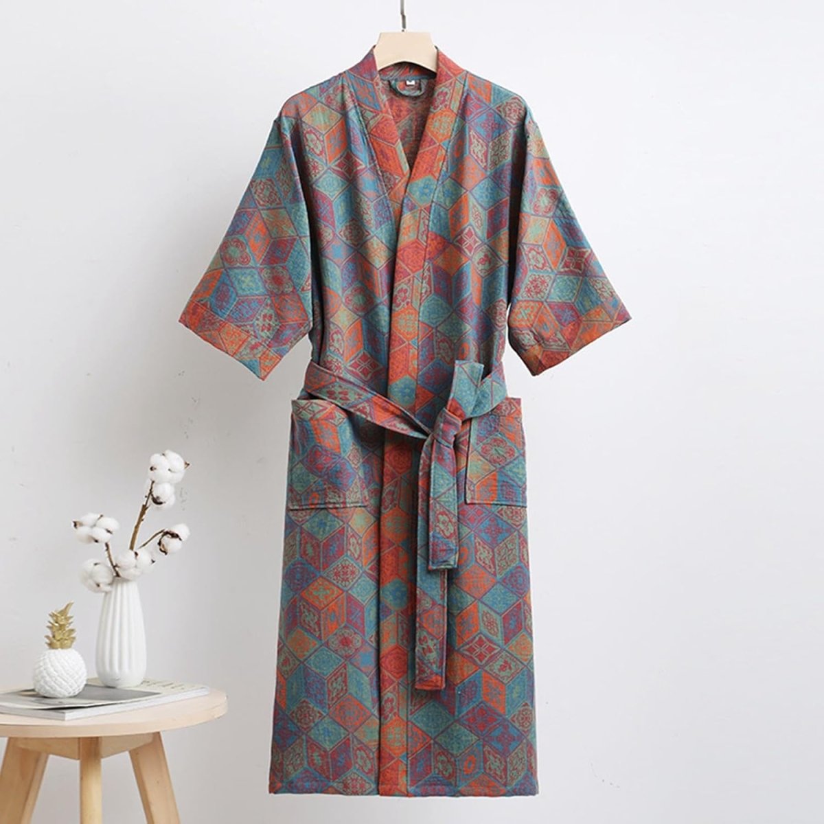 Dwustronny szlafrok kimono z bawełny organicznej KomiLeaf — swobodne szerokie rękawy