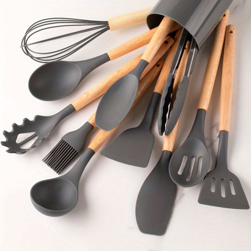 Ensemble de 12 ustensiles de cuisine en silicone — résistant à la chaleur, compatible avec les revêtements antiadhésifs