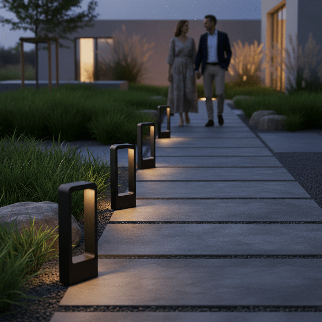 Eleganckie lampy ogrodowe LED GardenGlow do oświetlania ścieżek — ciepłe białe światło, odporne na warunki atmosferyczne