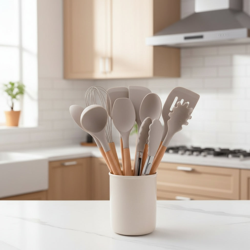Ensemble de 12 ustensiles de cuisine en silicone — résistant à la chaleur, compatible avec les revêtements antiadhésifs