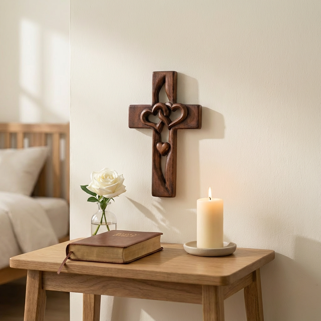 Handcrafted Wooden Cross Wall Decor — Intertwined Hearts