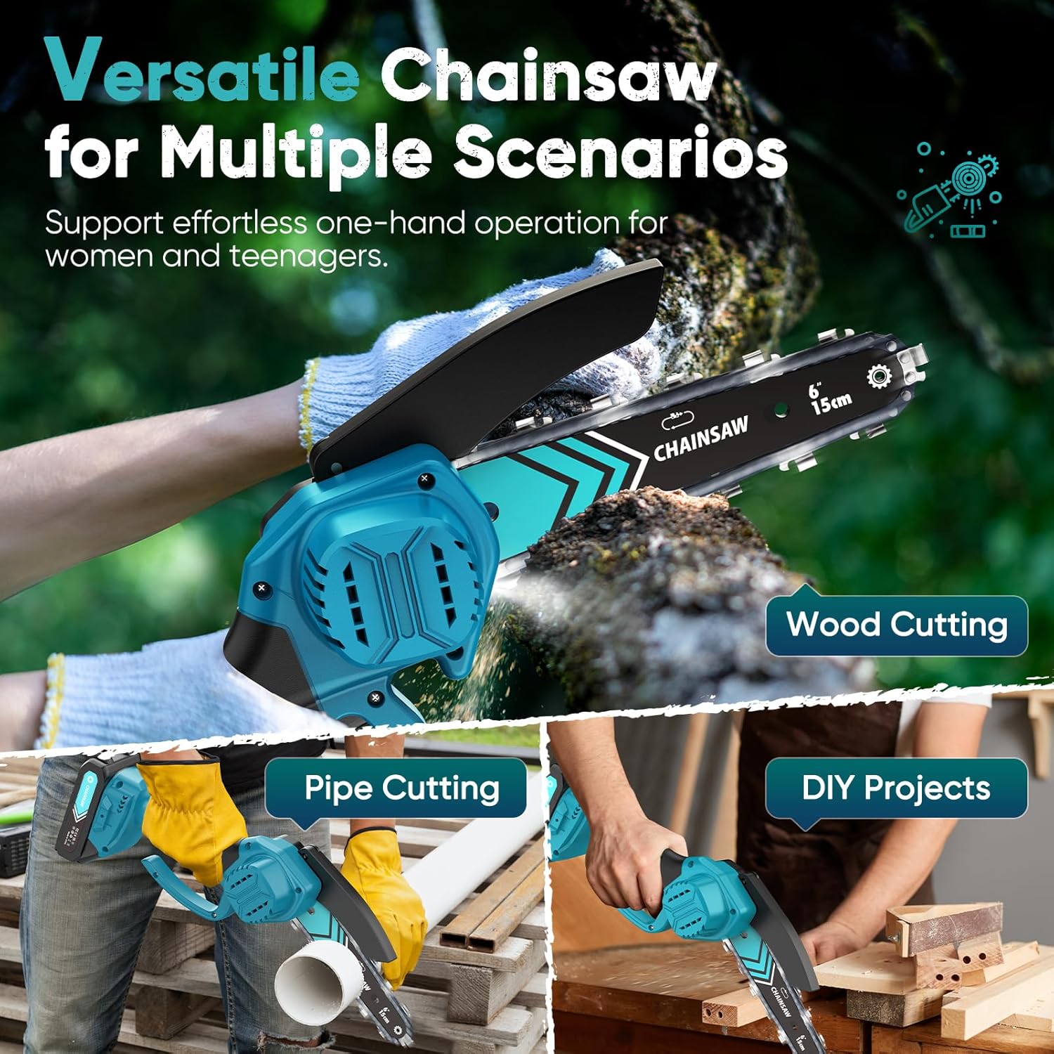 Cordless Mini Chainsaw 6 Inch with LED Light & 21V Battery – TimberCut | ventumra