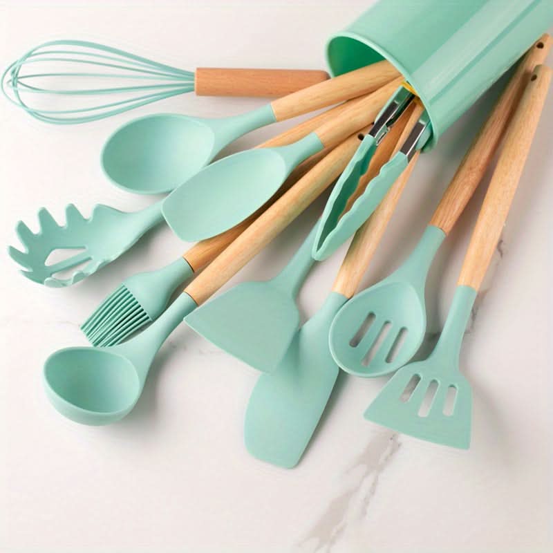 Ensemble de 12 ustensiles de cuisine en silicone — résistant à la chaleur, compatible avec les revêtements antiadhésifs