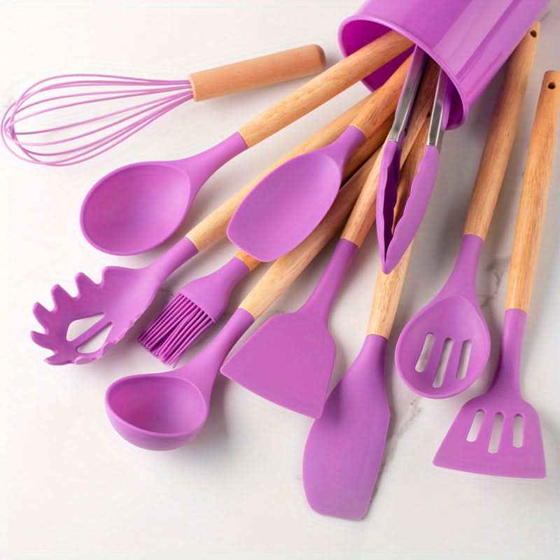 Ensemble de 12 ustensiles de cuisine en silicone — résistant à la chaleur, compatible avec les revêtements antiadhésifs