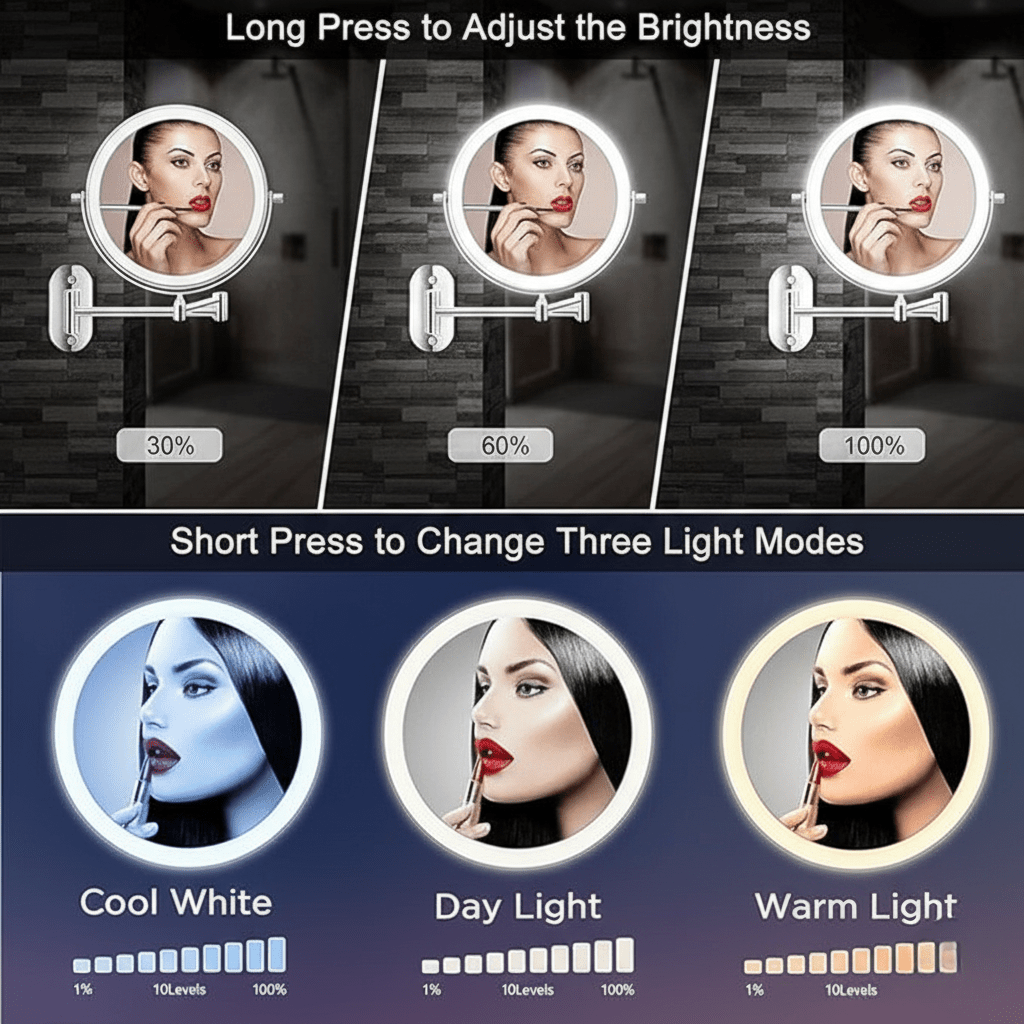 LumiView Cordless LED Magnifying Mirror — Adjustable Lighting, Rechargeable Battery