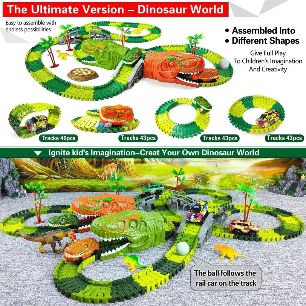 Jurassic-Track-Abenteuer-Interaktives-Dinosaurier-Zugset — Modulare Gleisstücke, schiebebetriebene Lokomotiven, ab 3 Jahren