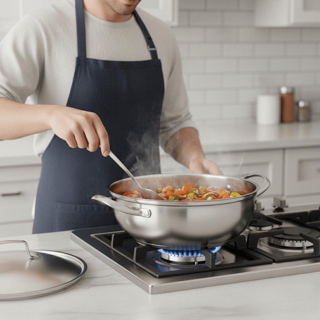 NovaCook Universal Stainless Steel Cooking Pot With Lid — Polished Silver Body