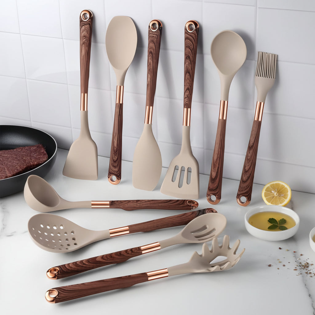 Aurelia Kitchen Silicone Utensil Set — Wood-Look Handles, Heat Resistant Tips