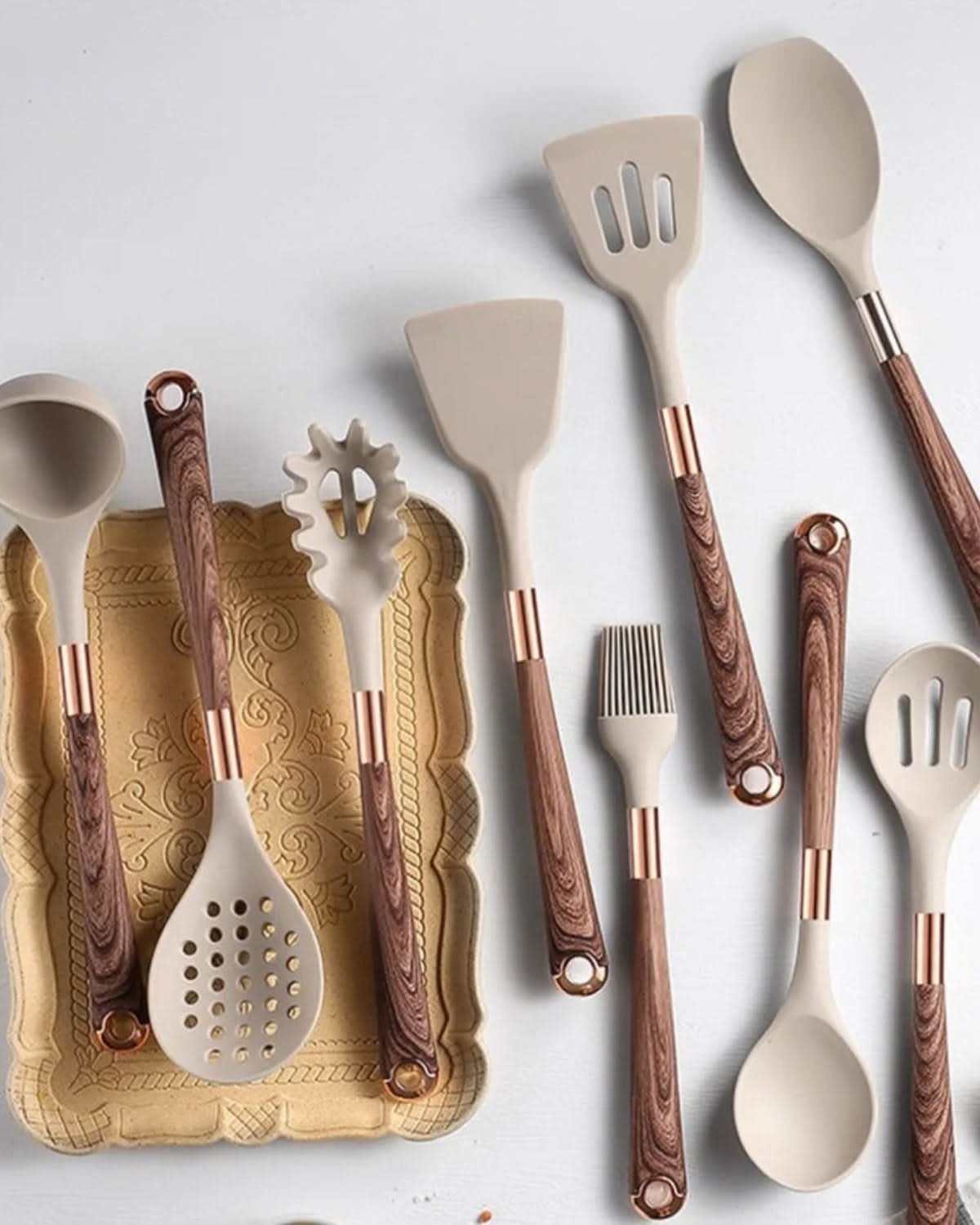Aurelia Kitchen Silicone Utensil Set — Wood-Look Handles, Heat Resistant Tips